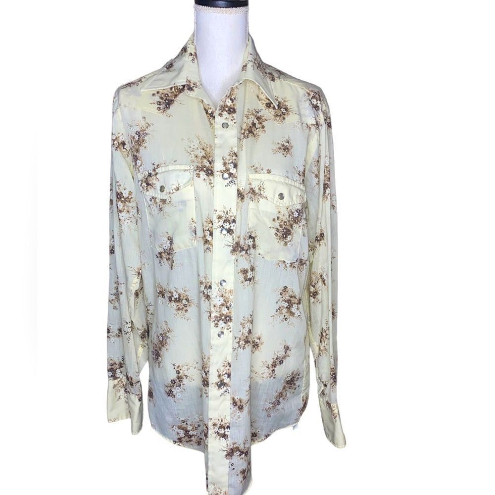 Sheplers Single Needle Tailoring Sz 15 33 Ivory Brown Floral Pearl Snap Up Shirt